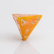 Orcana--Orange swirled RPG dice with gold metallic inking. D4 on white background.